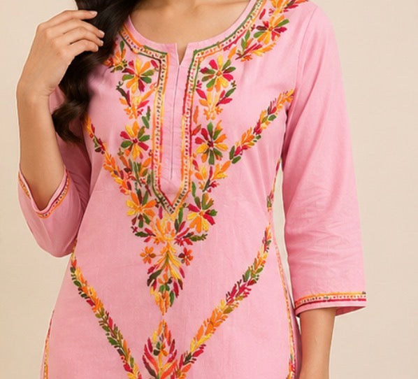 QAZMI pink kashmiri embroidered v-neck Chikankari cotton straight kurti