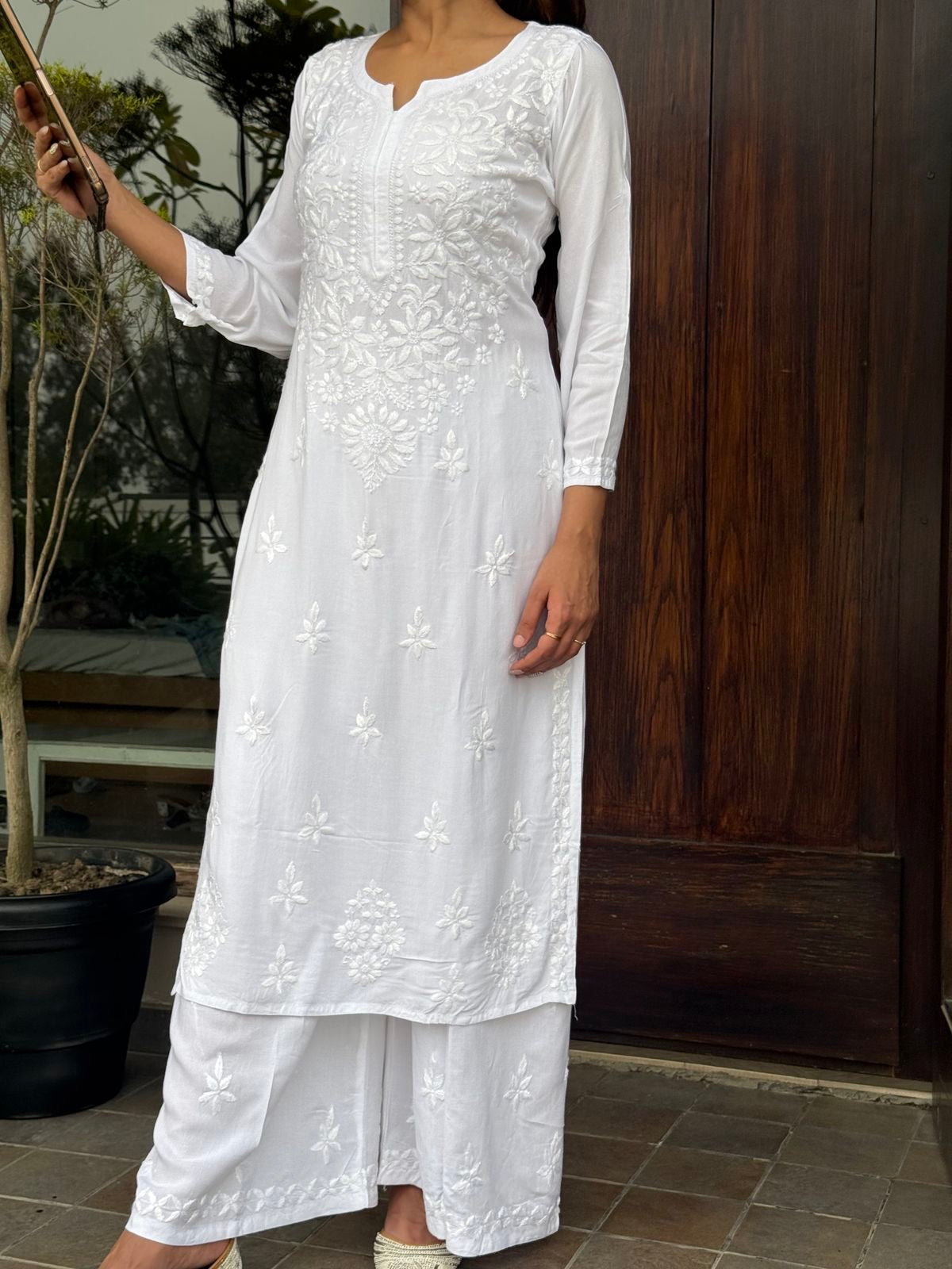 Handcrafted White Chikankari Kurta Set with Palazzo