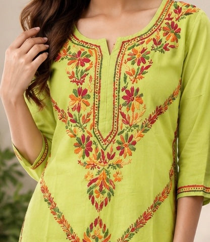 Green kashmiri embroidered v-neck Chikankari cotton straight kurti
