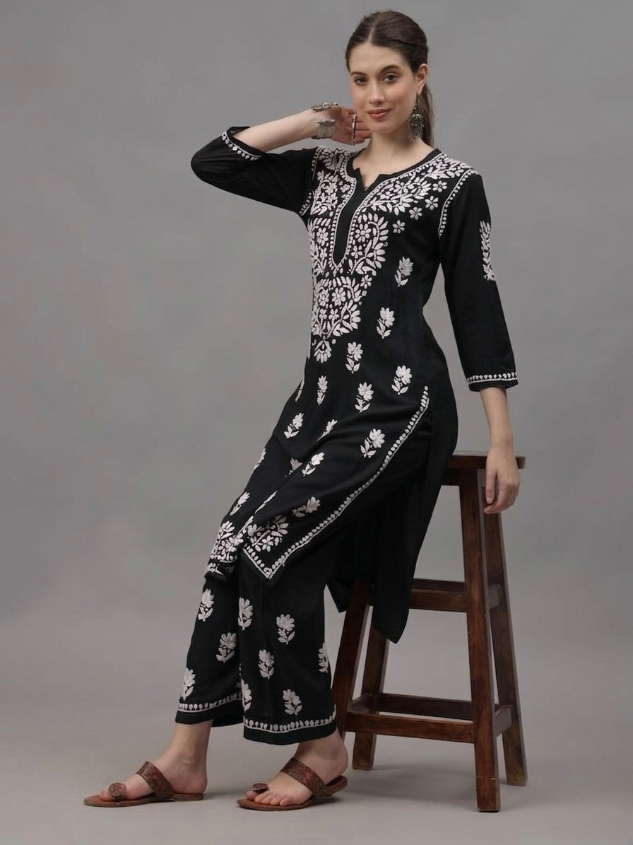 Black Chikankari Kurta Set with Palazzo – Elegant Ethnic Wear