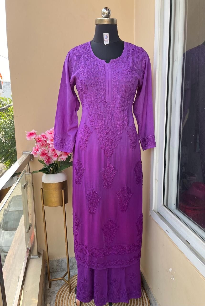 Hand Work Ombre Shade Rayon Chikankari Kurta Set