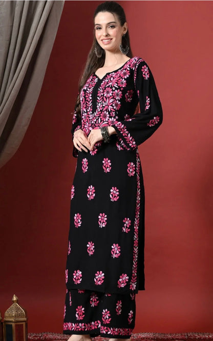 Women Floral Embroidered Regular handcrafted Chikankari Kurta with Palazzos