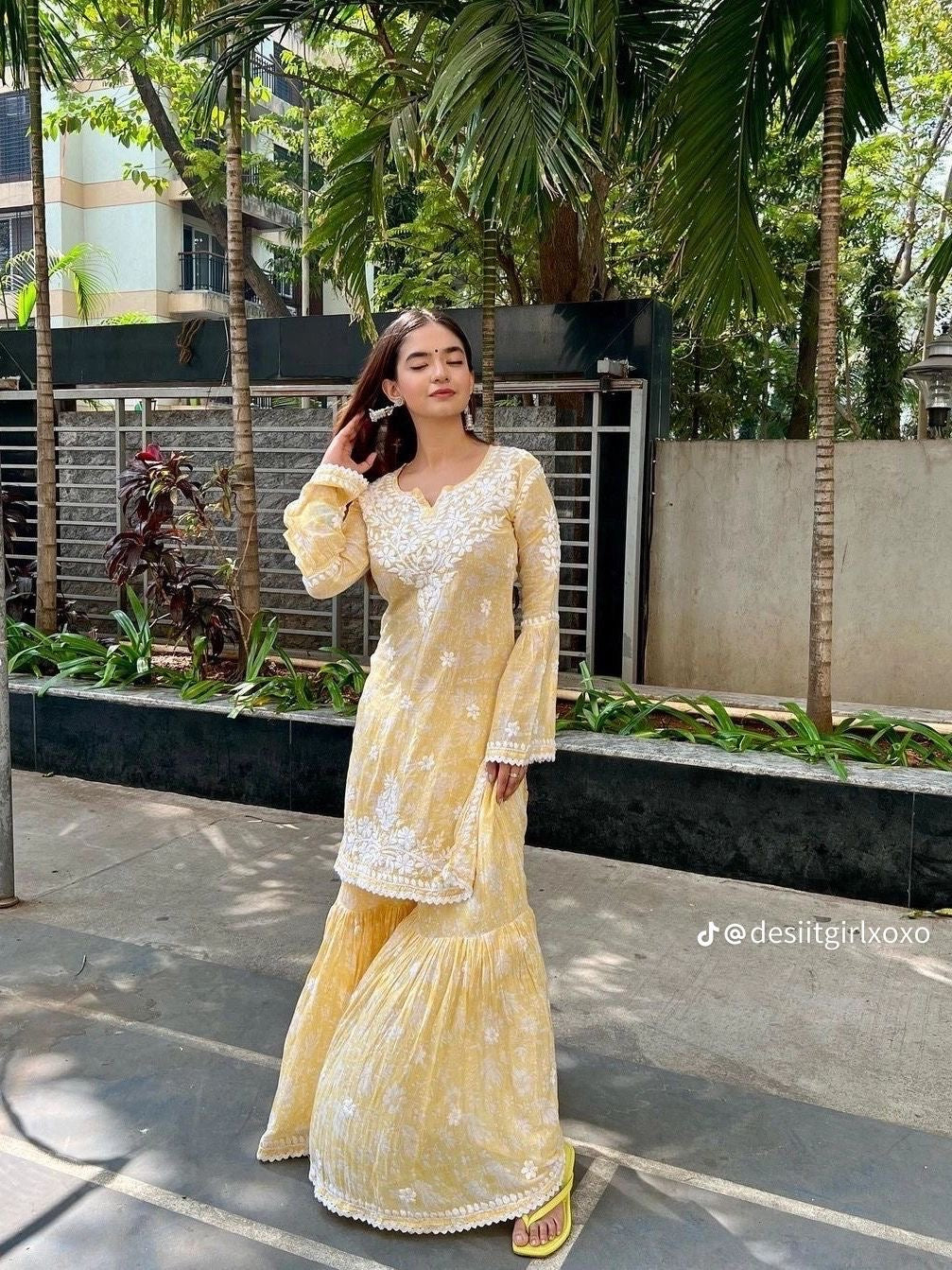 Anushka sen ~ yellow hand crafted Chikankari cotton kurta set