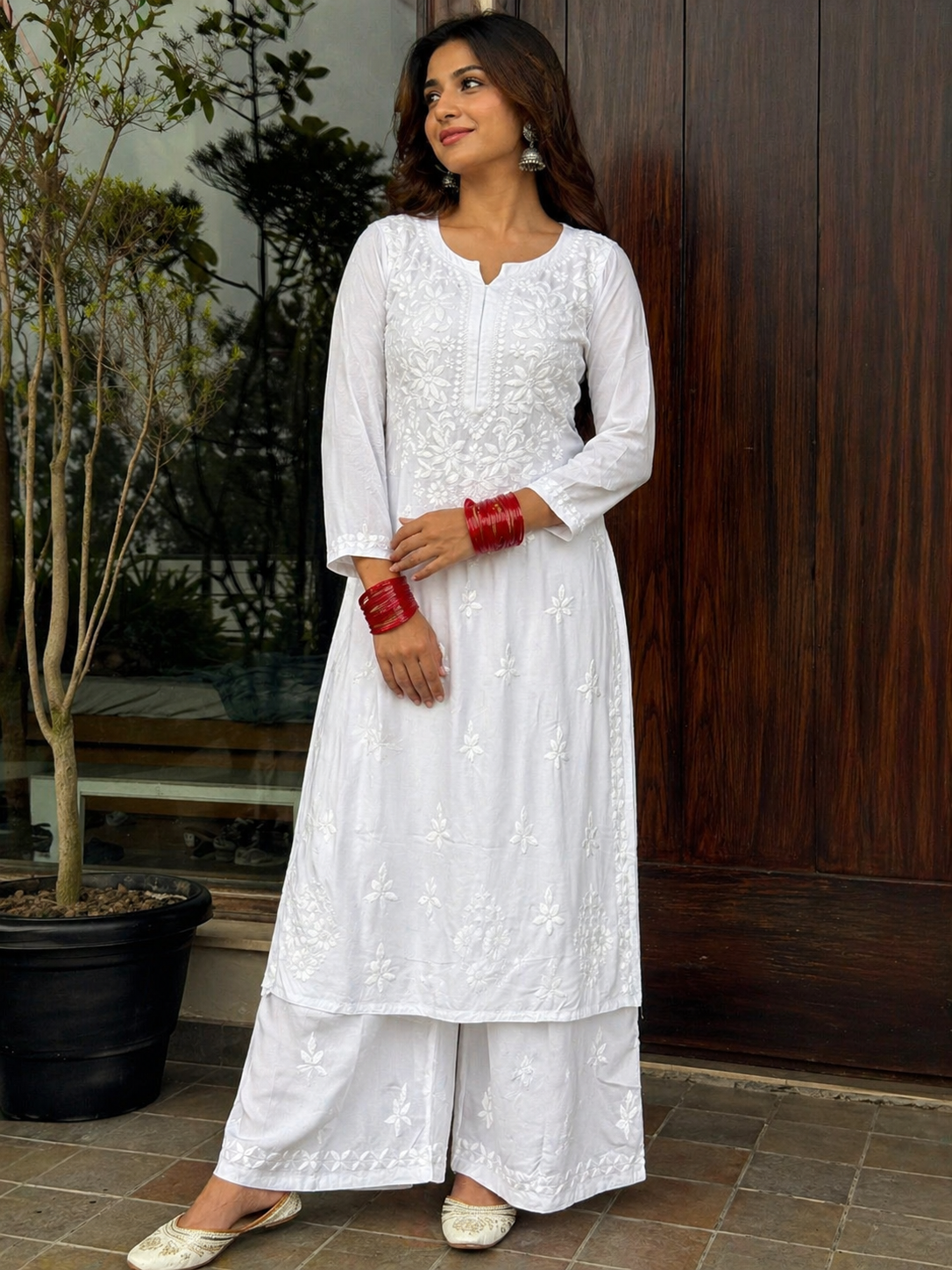 Handcrafted White Chikankari Kurta Set with Palazzo