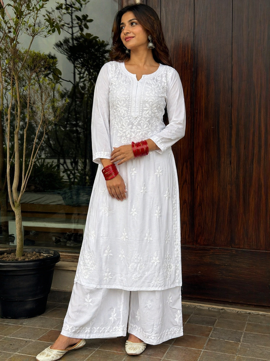 Handcrafted White Chikankari Kurta Set with Palazzo