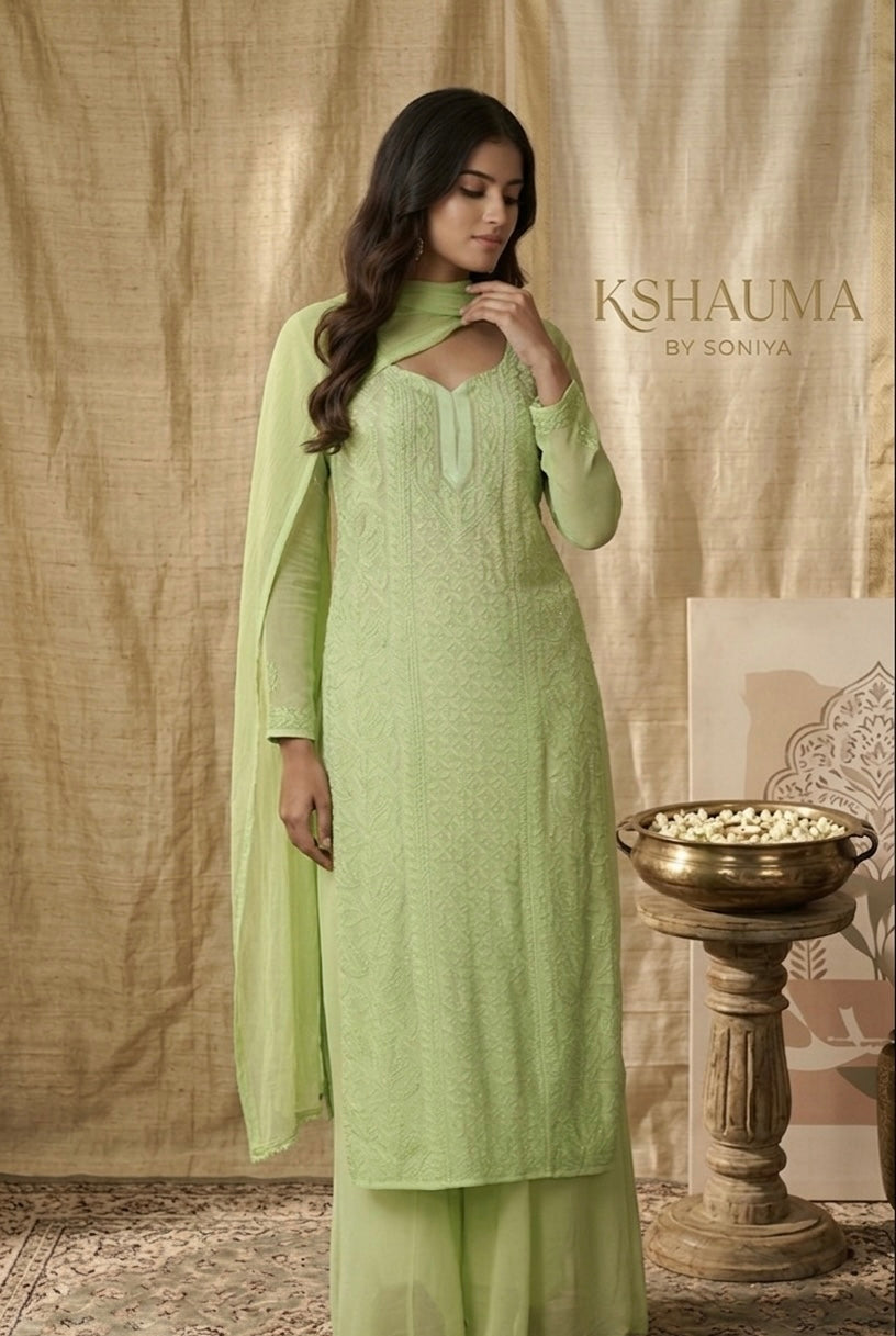 Soft pastel green  handcrafted Chikankari viscose kurta set