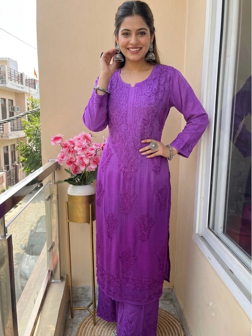Hand Work Ombre Shade Rayon Chikankari Kurta Set