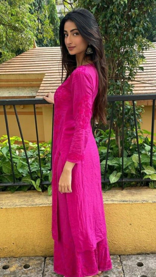 Hot pink handcrafted rayon chikankari kurta set