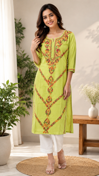 Green kashmiri embroidered v-neck Chikankari cotton straight kurti