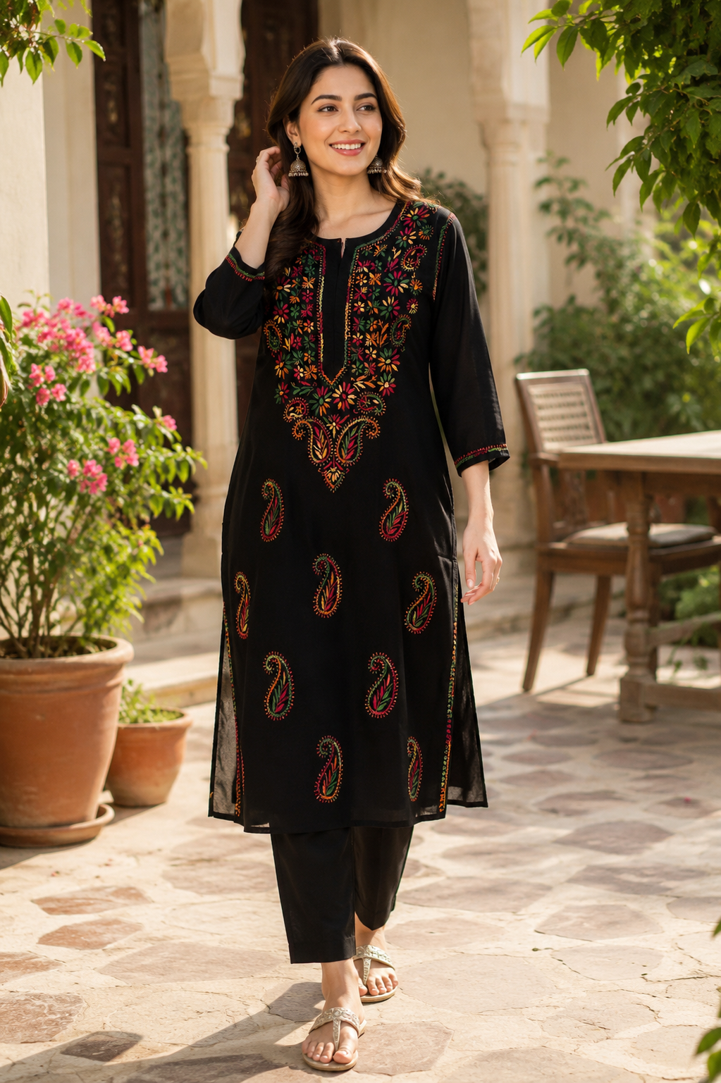 Black cotton Chikankari with Multicoloured Thread Embroidery kurti
