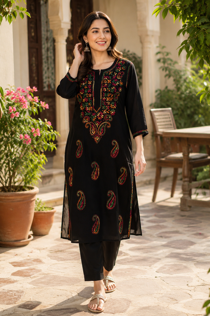 Black cotton Chikankari with Multicoloured Thread Embroidery kurti