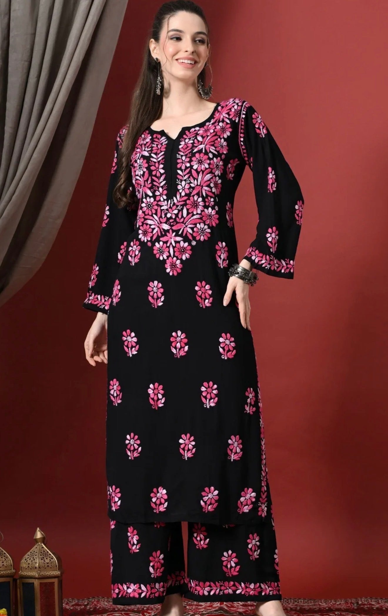 Women Floral Embroidered Regular handcrafted Chikankari Kurta with Palazzos