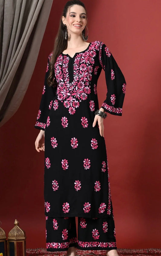 Women Floral Embroidered Regular handcrafted Chikankari Kurta with Palazzos