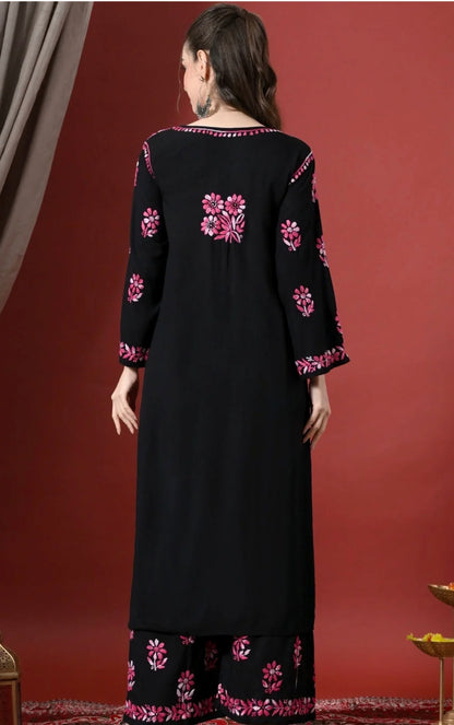 Women Floral Embroidered Regular handcrafted Chikankari Kurta with Palazzos