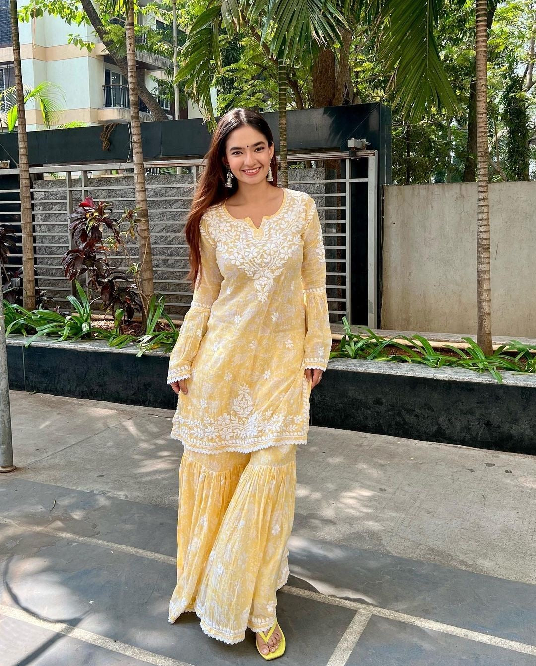 Anushka sen ~ yellow hand crafted Chikankari cotton kurta set