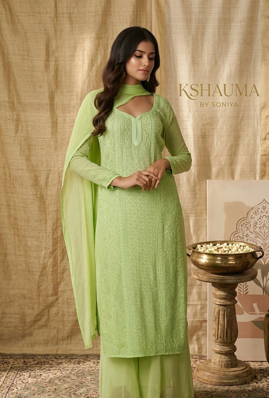Soft pastel green  handcrafted Chikankari viscose kurta set