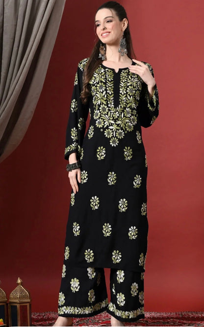 Women Floral Embroidered handcrafted Chikankari Kurta with Palazzos