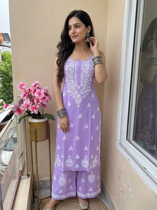 Noodle sleeves handcrafted Chikankari kurta set 2pc
