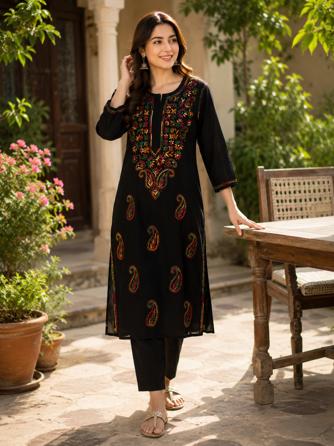 Black cotton Chikankari with Multicoloured Thread Embroidery kurti
