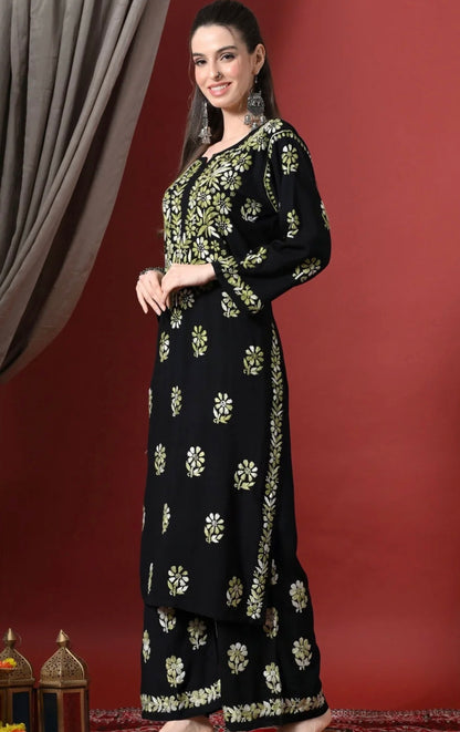 Women Floral Embroidered handcrafted Chikankari Kurta with Palazzos