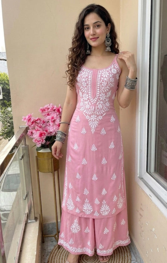 Rayon sleeveless Chikankari kurta set