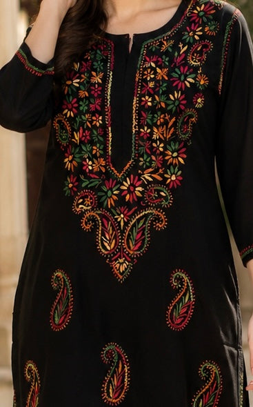 Black cotton Chikankari with Multicoloured Thread Embroidery kurti