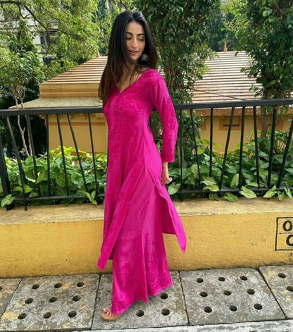 Hot pink handcrafted rayon chikankari kurta set