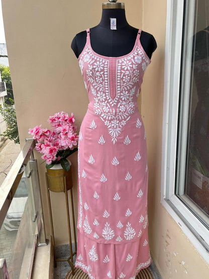 Rayon sleeveless Chikankari kurta set