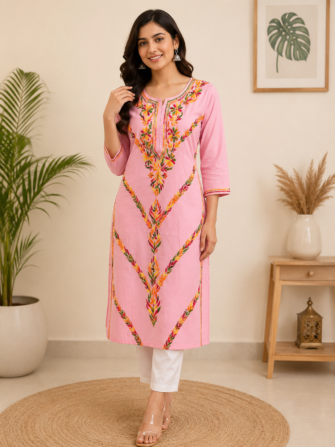 QAZMI pink kashmiri embroidered v-neck Chikankari cotton straight kurti