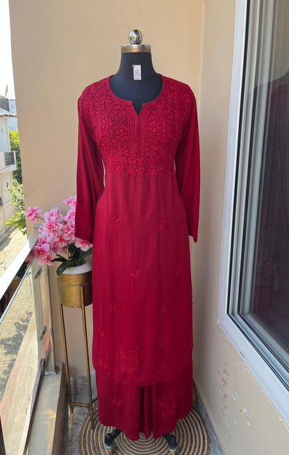 Hand Work Red Rayon Chikankari Kurta Set