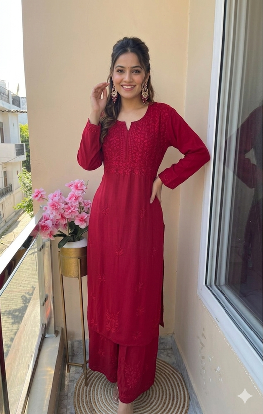 Hand Work Red Rayon Chikankari Kurta Set
