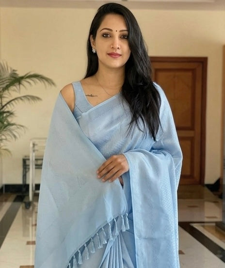 Sky Blue Kanjivaram Soft Lichi Silk Saree